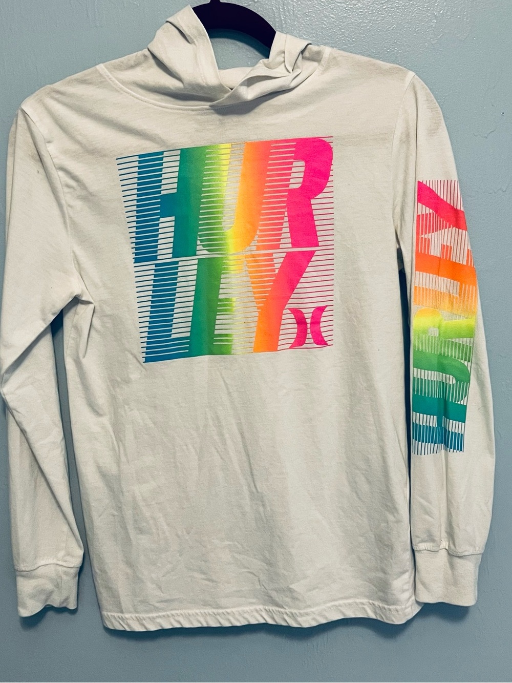 Hurley White Long-Sleeve Hoodie Tee with Neon Gradient Logo
